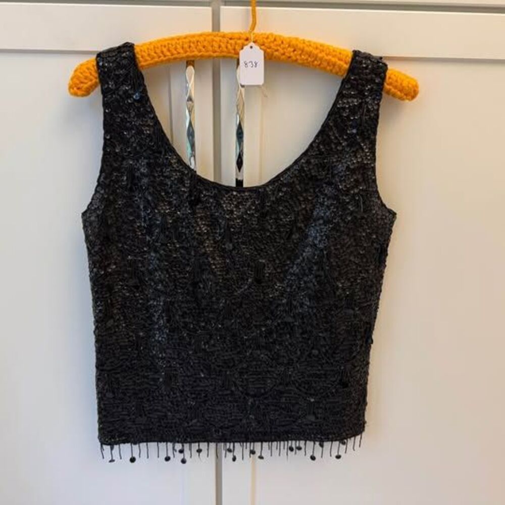 Vintage Black Sequin and Beaded Scalloped Tank Top